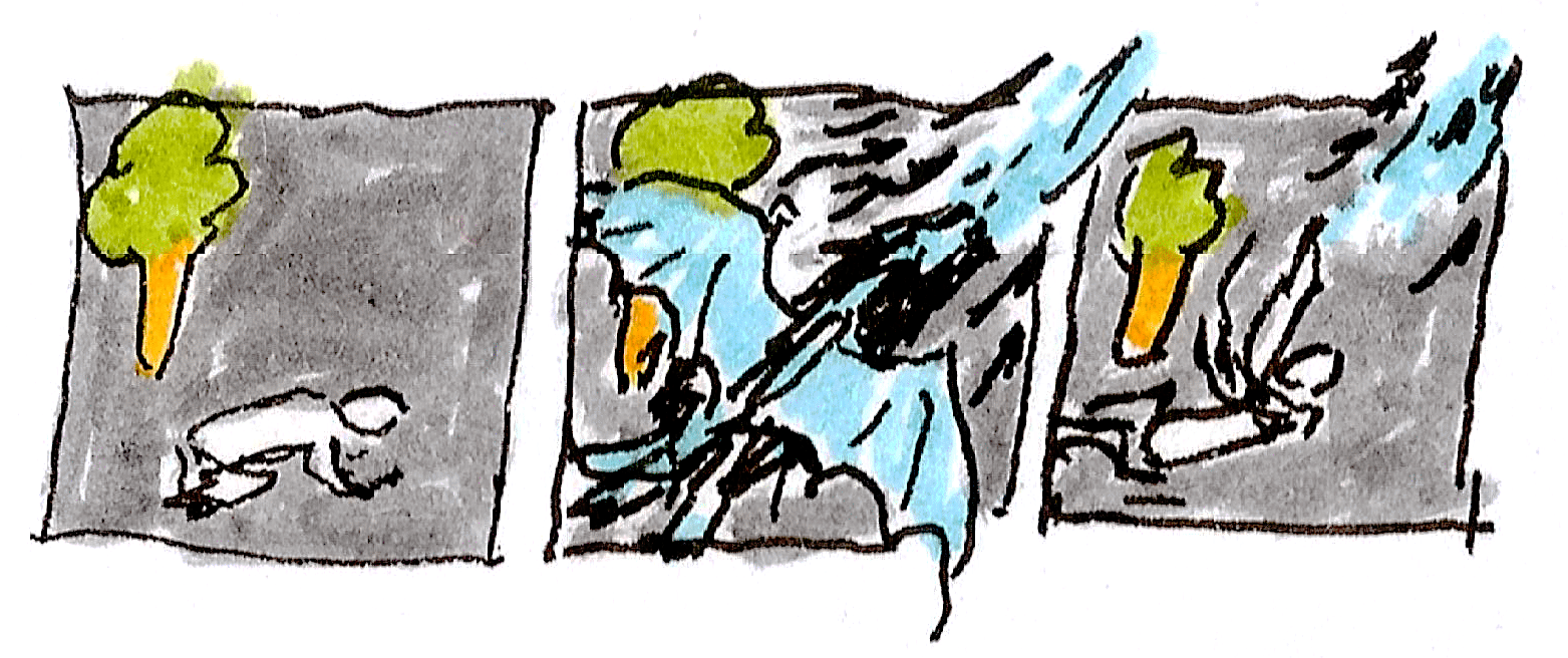 Panel 1: Person auf allen vieren. Panel 2: Blauer Drache spuckt blaues Feuer. Panel 3: Person kippt zur Seite. Blaues Feuer fliegt nach oben weg.