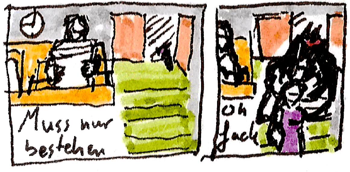 Panel 1: Junger Mann setzt sich im Hörsal.  Text 1: Muss nur bestehen. Panel 2: Frau in Lila Kleid geht die Treppe hinunter. Ein über ihr schwebendes schwarzes Wesen sticht ihr durch die Brust. Text 2: Oh fuck.