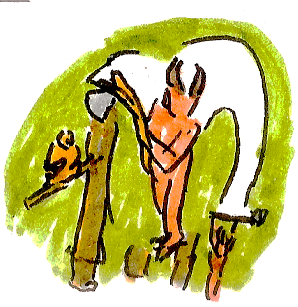 "Ein Troll springt vom Boden in die Äste eines Baumes und schlägt mit der Axt nach einem Affen."